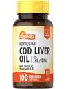 Huile de foie de morue norvégienne Sundance 100 Softgels avec EPA et DHA. Bonne source de vitamines A & D. Supplément sans OGM et sans gluten