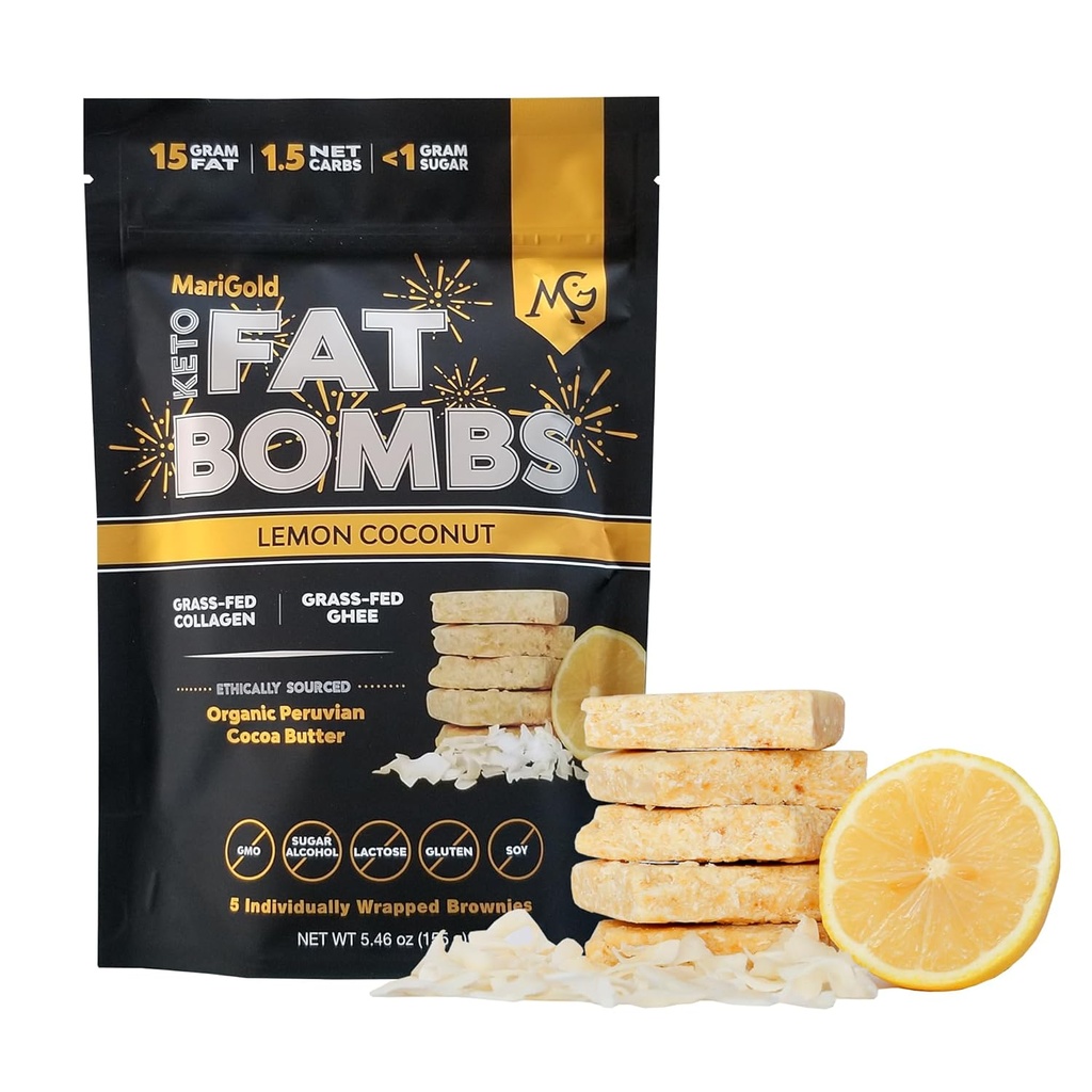 MariGold Keto Fat Bombs - Citron Coconut - Low Carb, Collagène Riche, Ghee gazonné, Beurre de cacao biologique, Sans gluten, Non-OGM (1 sac, 5 portions)