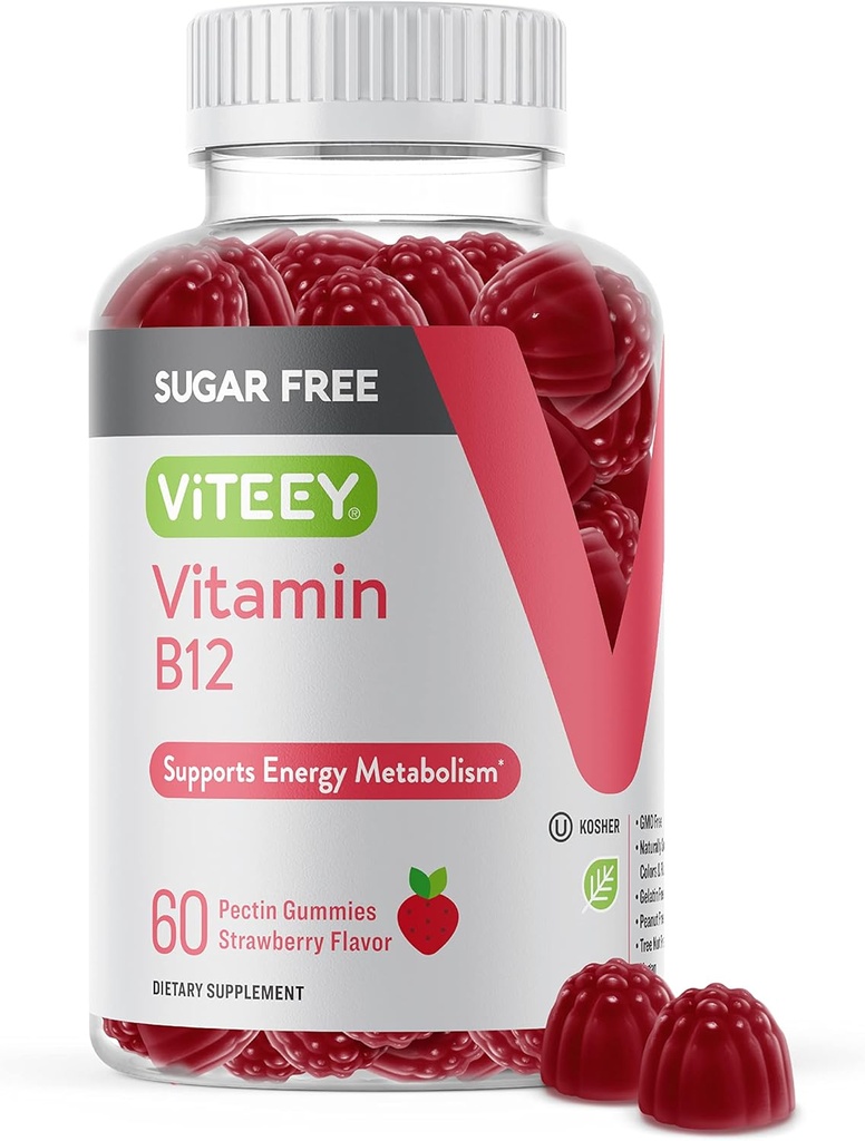 Viteey Vitamine B12 Gummies pour adultes et adolescents 1000mcg, sans sucre - Bon pour l'énergie, le métabolisme, le soutien de l'énergie naturelle - végétalien, sans gélatine, sans gluten, sans OGM - aromatisé aux fraises à croquer