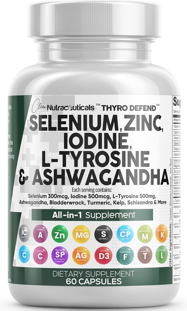Clean Nutra Sélénium 300mcg Iodine 500mcg Thyroïde Support pour les femmes & les hommes L Tyrosine 500mg Supplément Ashwagandha Bladderwrack, Turmeric, Kelp, Schisandra Zinc Pills Capsule Suppléments