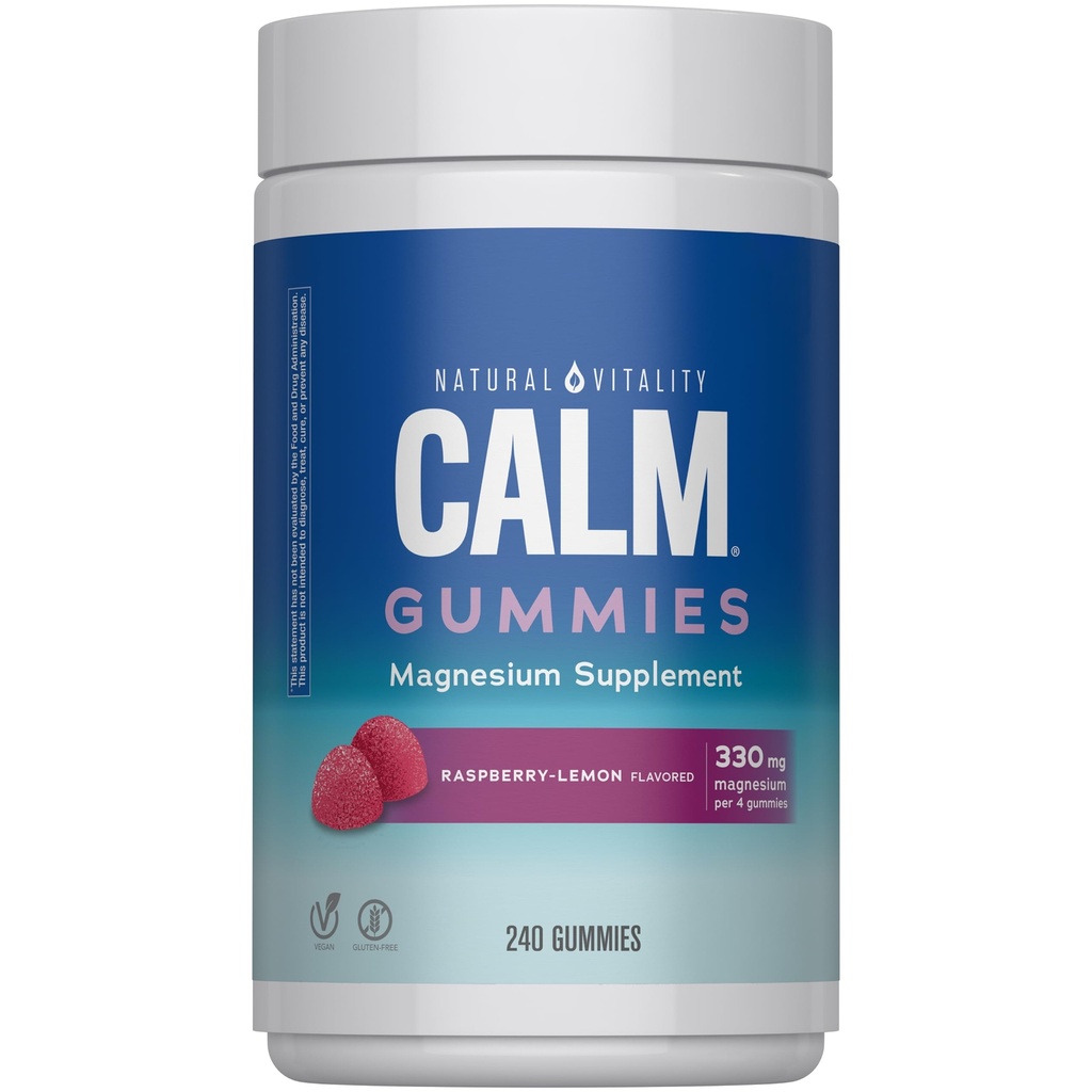 Vitalité naturelle Calme, supplément de citrate de magnésium, gommes anti-stress, soutient une réponse saine au stress, sans gluten, végétalien, citron de framboise aromatisé, 240 gommes