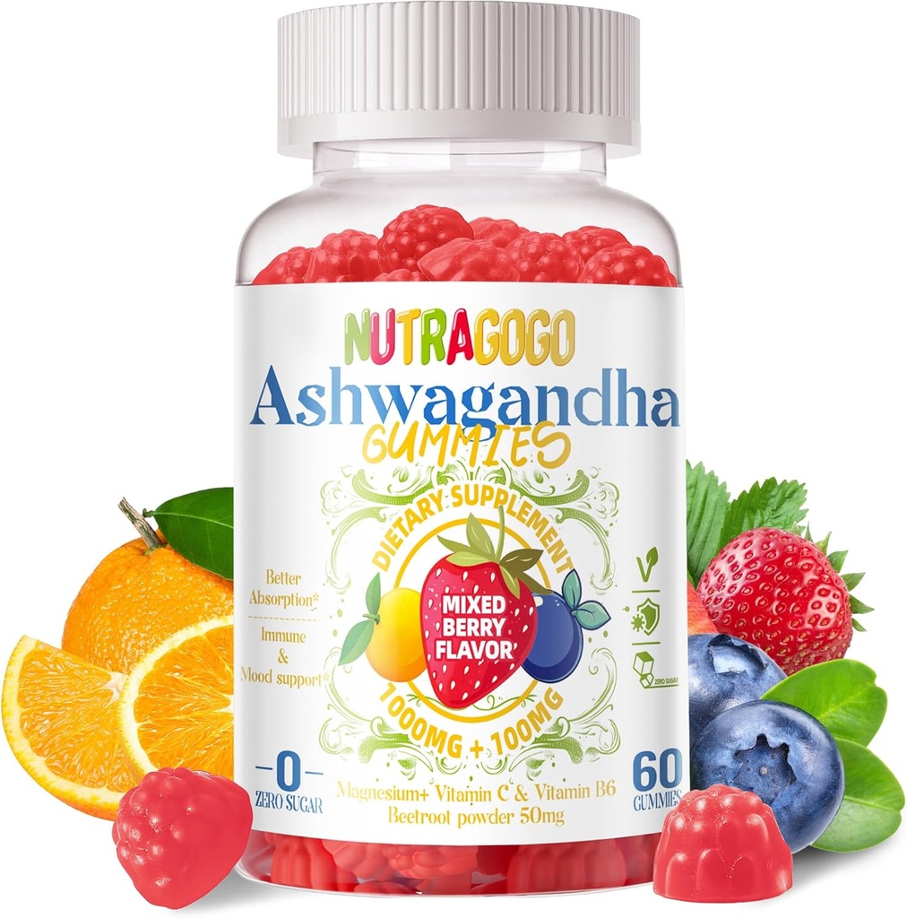Ashwagandha Gummies & Vitamine D3 Gummies 60 Compte - Supplément d'Aswangdha biologique pour améliorer le sommeil, le soulagement du stress et l'humeur calme (Berry mixte, végétalien, à base de plantes, sans gluten et sans gélatine)-1pack