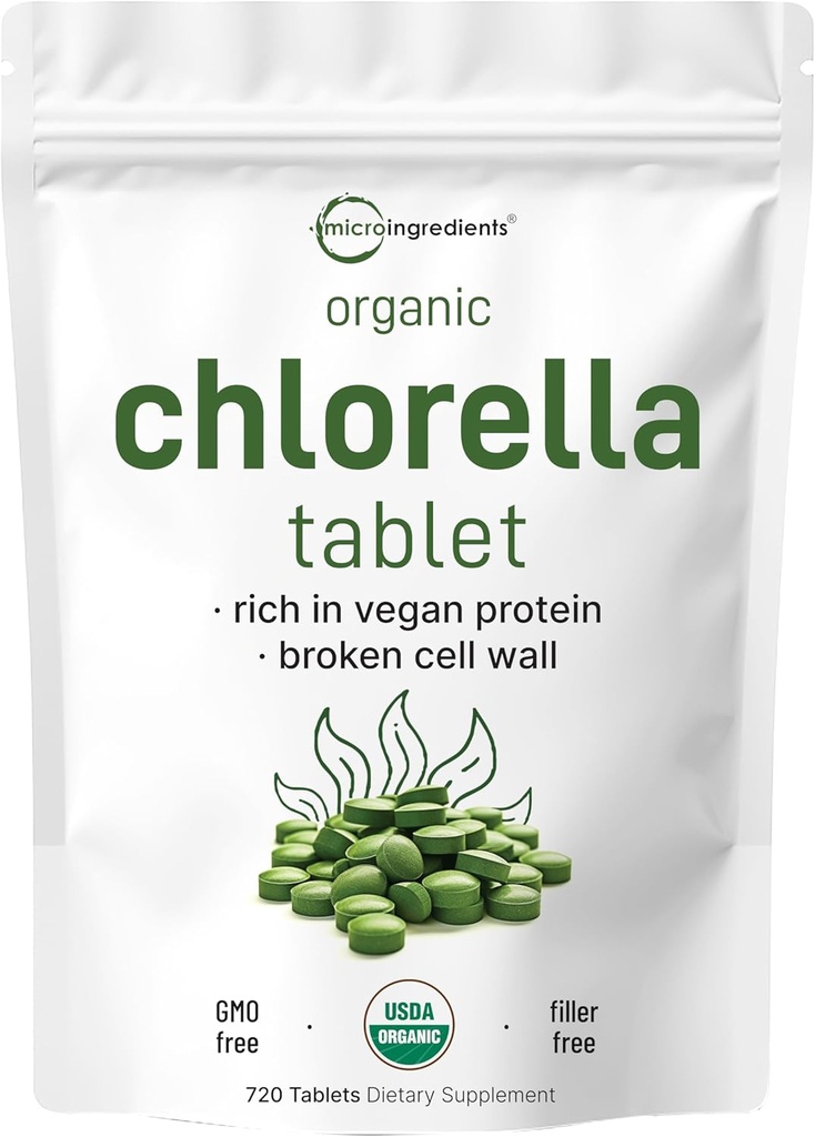 Comprimés de Chlorella biologique, 500mg par comprimé, 720 onglets (360 Grams), 4 mois d'approvisionnement, Mur de cellules brisées, riche en protéines et vitamines véganes, sans remplissage, sans additifs et non-OGM