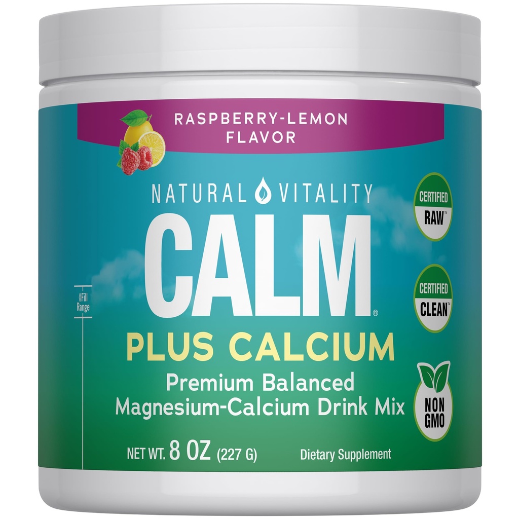 Vitalité naturelle CALM Magnésium supplément boisson mélange plus calcium, anti-stress boisson mélange poudre, avec calcium, végétarien et non-OGM, citron framboise, 8 oz