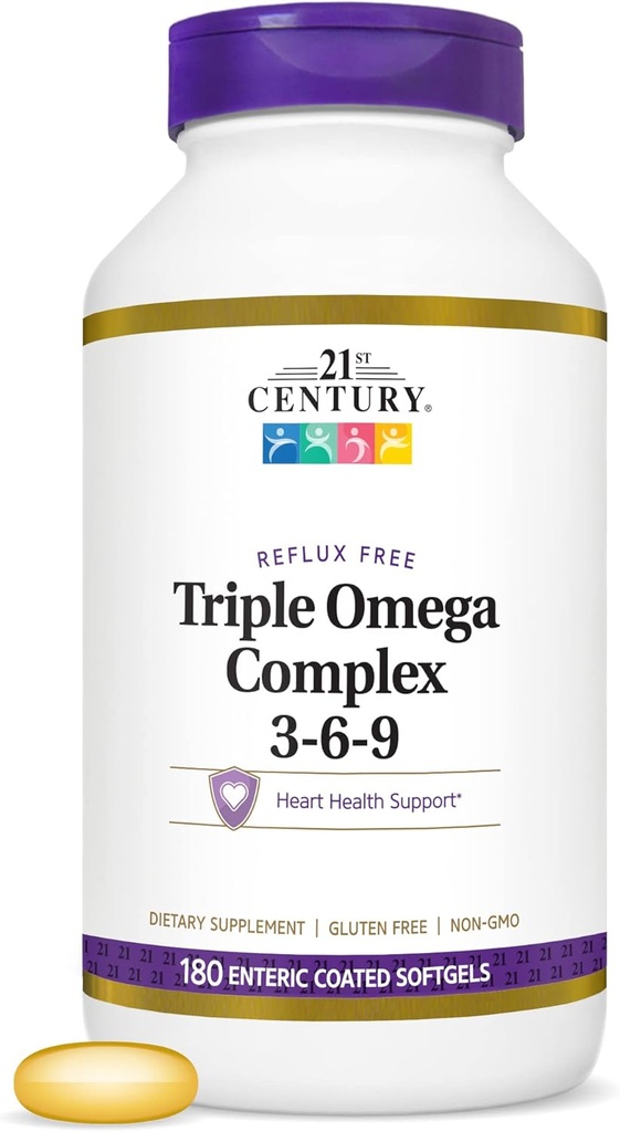 Complexe Triple Oméga du 21e siècle 3 6 9 Softgels enrobés entériques, 180 bouteilles de comptage (22875)