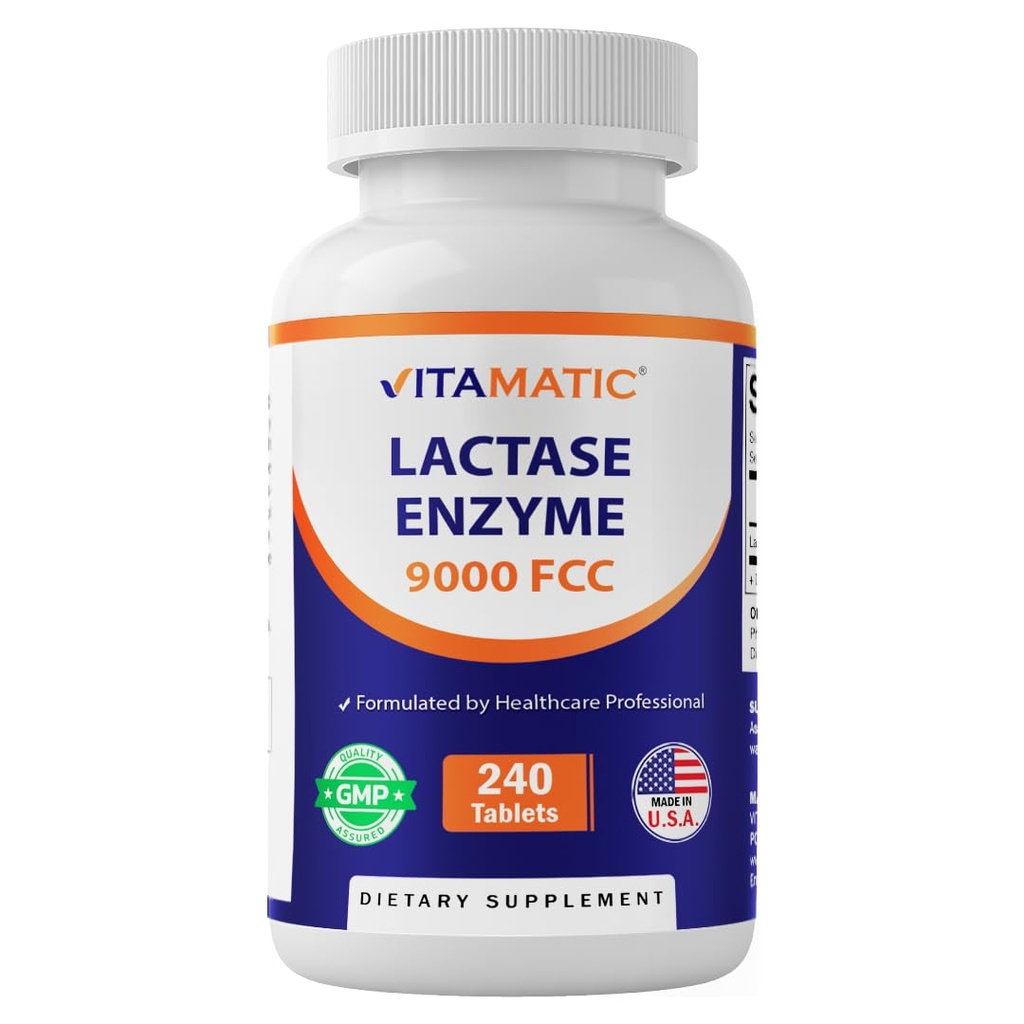 Enzyme de la lactase vitamatique 9000 FCC 240 Comprimés - Caplets anti-intolérance en lactose