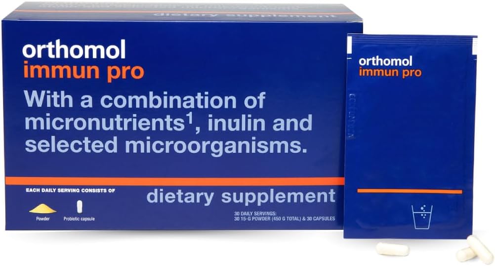 Orthomol Immun Pro, soutien immunitaire, supplément probiotique pour la santé de Gut, fibre prébiotique d'inuline, 30 jours d'approvisionnement, vitamine A, B, C, D, E, zinc, iode, probiotiques pour les femmes et les hommes, poudre quotidienne et gélule