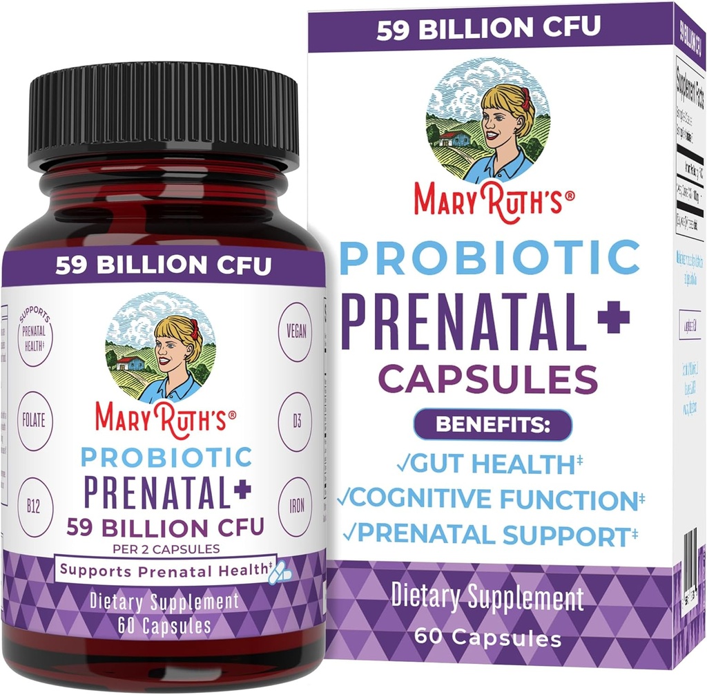MaryRuth Organics Vitamines et probiotiques prénatales : 59 Million de CPU : Vitamine D3 et B12 : Fer Folate : Sélénium : Choline : Vegan : 60 capsules