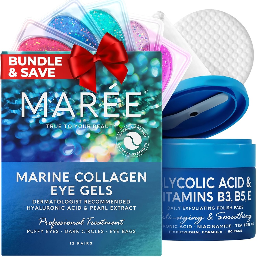 MAREE Ensemble de soins pour la peau - Gels pour les yeux, le visage polonais - Gels sous les yeux pour les yeux puants et les cercles sombres - Pads d'acide glycolique - Collagène marin et acide hyaluronique - acide salicylique et vitamines E, B3, B5