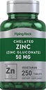 Piping Rock Zinc chélaté 50mg de 250 comprimés de gluconate de gluconate de gluconate de gluconate de gluconate, sans OGM, supplément sans gluten