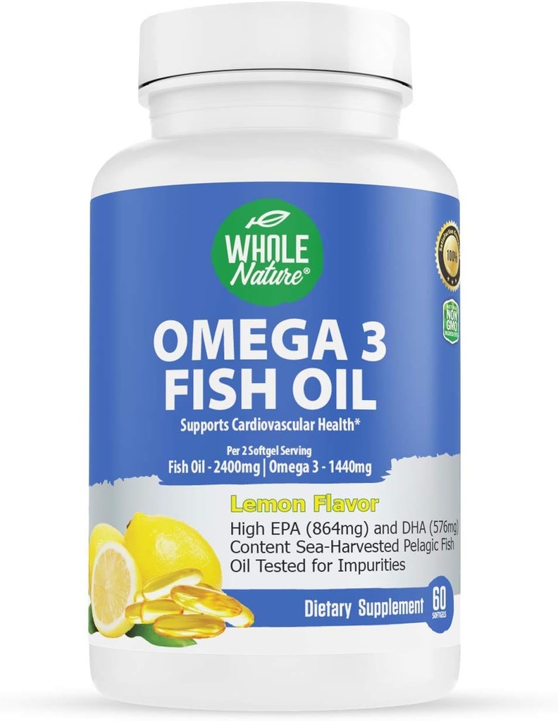 Omega 3 Suppléments d'huile de poisson, concentration maximale 2400 mg Omega-3, 1440mg Huile de poisson, Acide gras DHA de l'EPA, santé cardiaque, vision, yeux, cerveau, soutien immunitaire pour les femmes et les hommes.