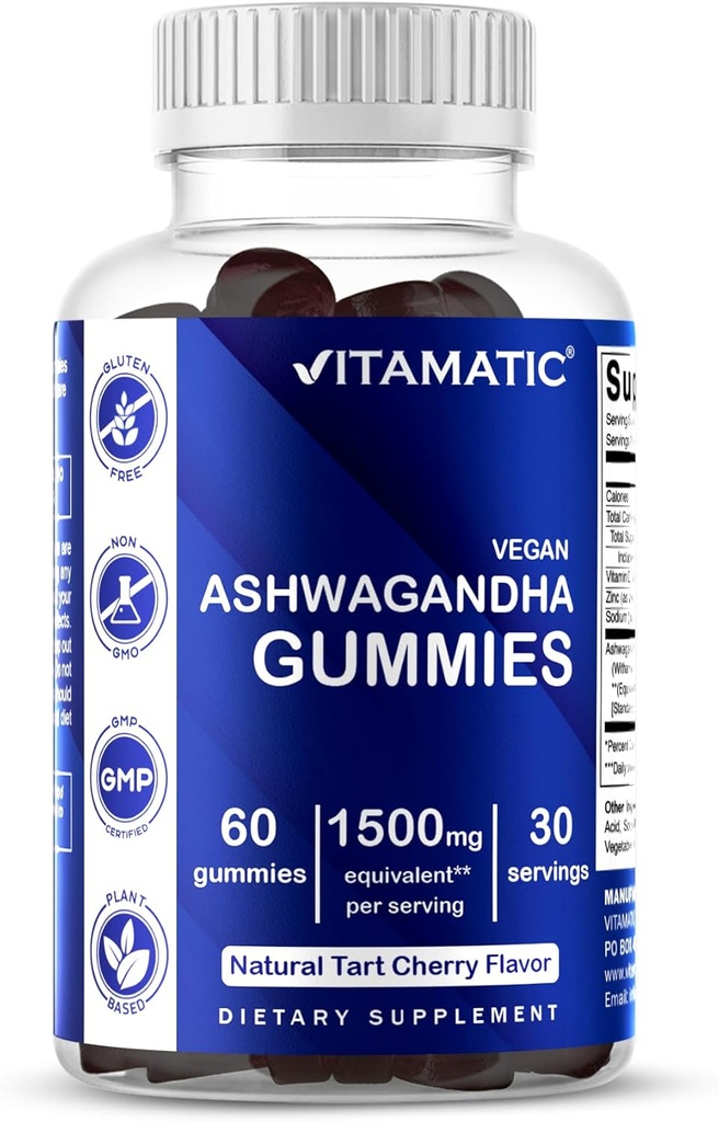 Vitamatic Ashwagandha Gummies 1500 mg Équivalent par service (à partir de 30:1 Extrait 50 mg) - 60 Gommies végétaliens - 3% Witanolides