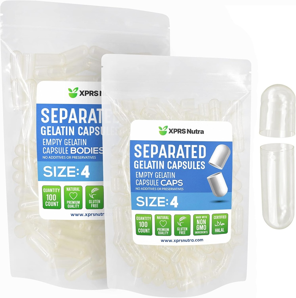 XPRS Nutra Gélatine Taille 4 Capsules séparées - 100 Nombre Effacer les petites capsules vides Séparées dans les sacs - Bouchons de pilules à bricolage - Taille 4 Gel Do-It-Youlf Vitamine et supplément Remplissage