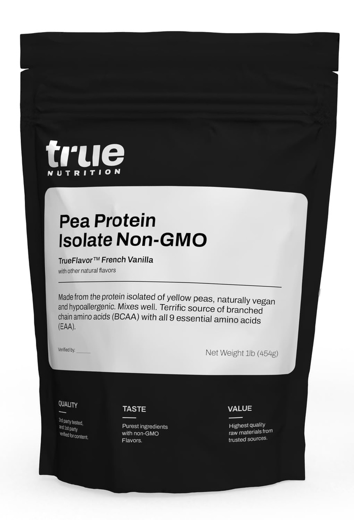 Véritable nutrition Poudre de protéines de pois Isolée - 25g Poudre de protéines végétales non OGM par portion - faible teneur en glucides, faible teneur en gras, élevée en leucine - sans gluten, sans lait, sans soja - Vanille française - 1LB