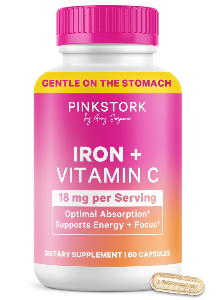 Supplément de fer prénatal pour les femmes - 18 mg de fer et vitamine C non constipant pour la grossesse, la post-partum et l'allaitement - Focus, Fatigue et production de cellules sanguines - 2 mois d'approvisionnement