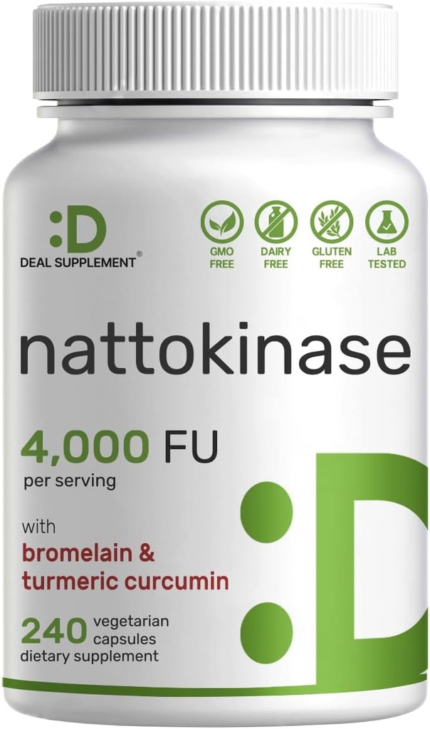 Supplément Nattokinase 4 000 FU par portion, 240 Capsules de Veggie – Natto japonais avec Bromélain, Curcumine curcuma et complexe de poivre noir – enzymes digestives et santé cardiaque – non-OGM, végétalien