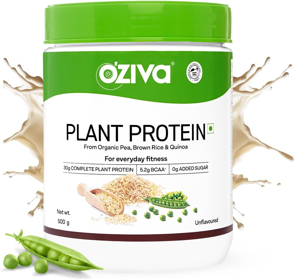 OZiva poudre de protéines végétales organiques de 500 Gm. (30g Protéines végétales - Pois Protéines a, Protéines de riz brun et quinoa, sans soja) pour le conditionnement physique quotidien, stimule l'immunité, sans saveur (1,1 lb)