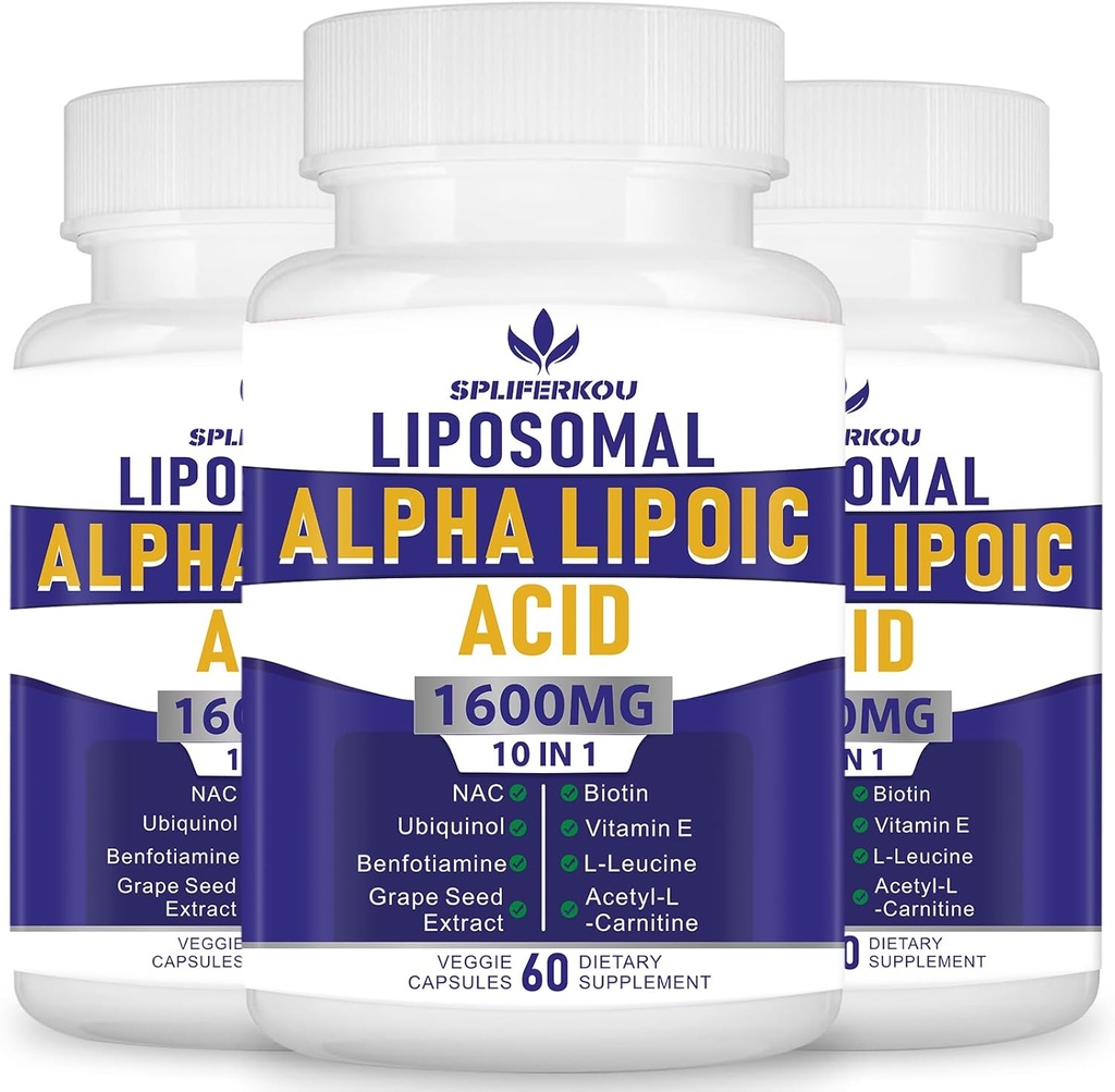 Acide liposomique alpha lipoïque 1600mg par portion, Supplément ALA pour la santé antioxydante, l'énergie et le métabolisme-Gluten Free & Non OGM 180 Capsules