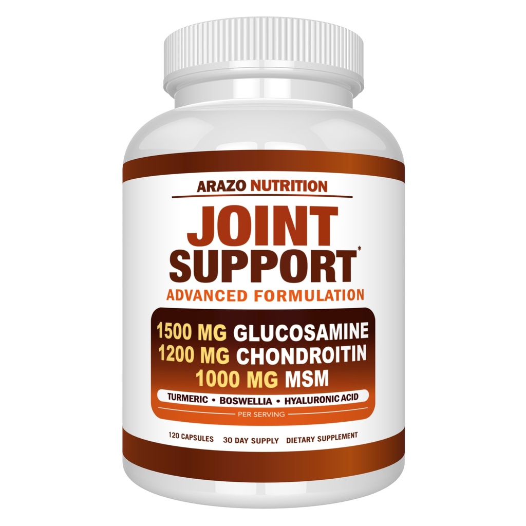 Arazo Nutrition Glucosamine Chondritine Turmeric Msm Boswellia - Supplément de soutien pour soulager 120 capsules pour os, dos, genou, mains (120 capsules)