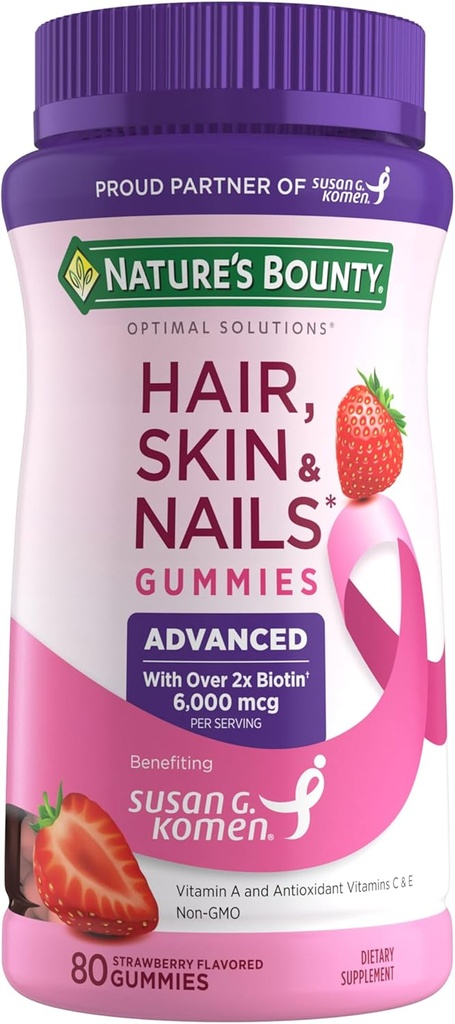 Nature's Bounty Optimal Solutions Cheveux, peau, ongles, 2X Biotin, 80 gommies de fraise, 40 portions totales