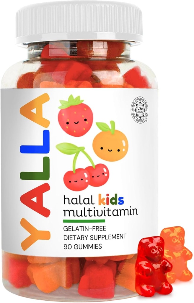 YALLA Vitamines halales pour enfants, Gommies multivitamines halales pour enfants, 45-90 jours d'approvisionnement, Vitamines essentielles avec C, D3, Zinc pour l'immunité, B6 B12 pour l'énergie, certifié ISA, sans gélatine
