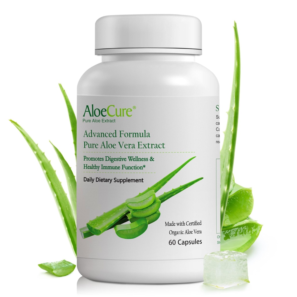 AloeCure Organic Aloe Vera Capsules, 160 000 mg Équivalent intérieur Aloe Leaf par portion, soutien Gut, digestif et santé immunitaire, aide à maintenir l'acidité équilibrée de l'estomac, sans aloine, 60 capsules