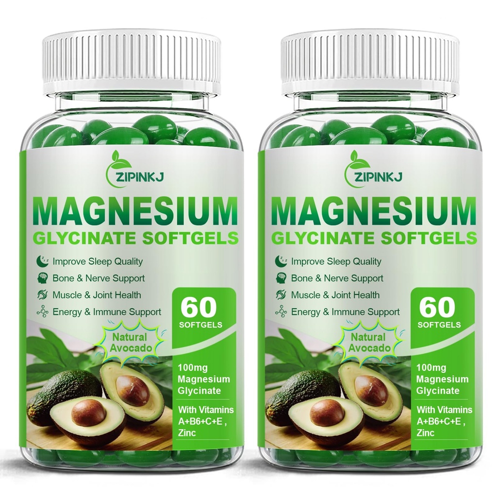 High Absorption Magnésium Glycinate Softgels, suppléments de magnésium 400mg avec zinc, vitamine E, B6 pour les femmes hommes, améliorer le sommeil, la relaxation musculaire et la santé des os, sans gluten, non-OGM, 2 Pack