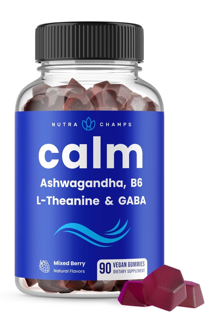 NutraChamps Calme Gummies, Supplément Gommies Stress avec Ashwagandha, L-Theanine, GABA, Vitamine B6 & Lemon Baume, Supports Mood, Focus & Stress Relief, Berry naturel, 90 Gummies