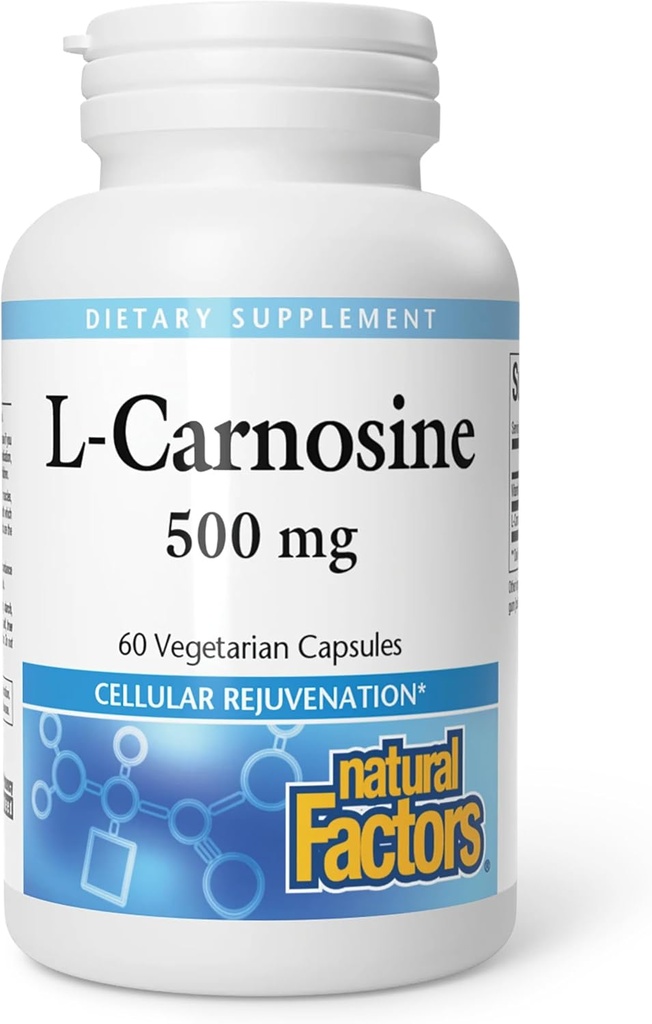 Facteurs naturels, L-Carnosine 500 mg, soutient le vieillissement en santé, la fonction musculaire et cérébrale, supplément alimentaire, 60 capsules (60 portions)