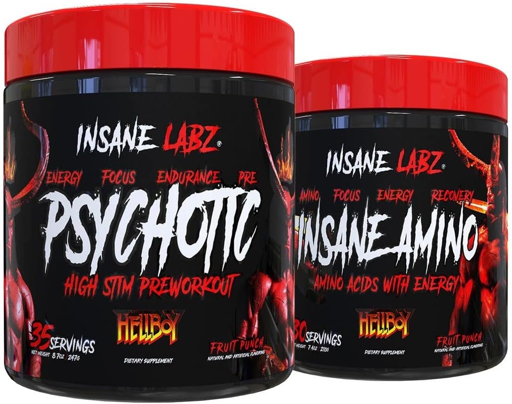 Insane Labz Hellboy Bundle, psychotique Hellboy pré-entraînement et Insane Amino BCAA, augmenter la masse musculaire, la force, le focus et le temps de récupération, punch fruit