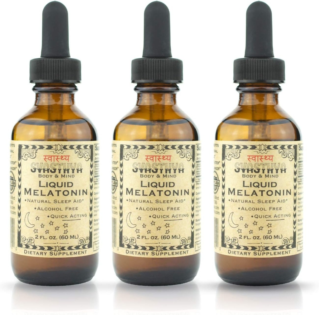 Svasthya Body & Mind Liquid Melatonin - Promotes Natural Sleep - Alcohol Free for Adult and Children, Made in The USA, GMP, 2 oz - 3 Pack