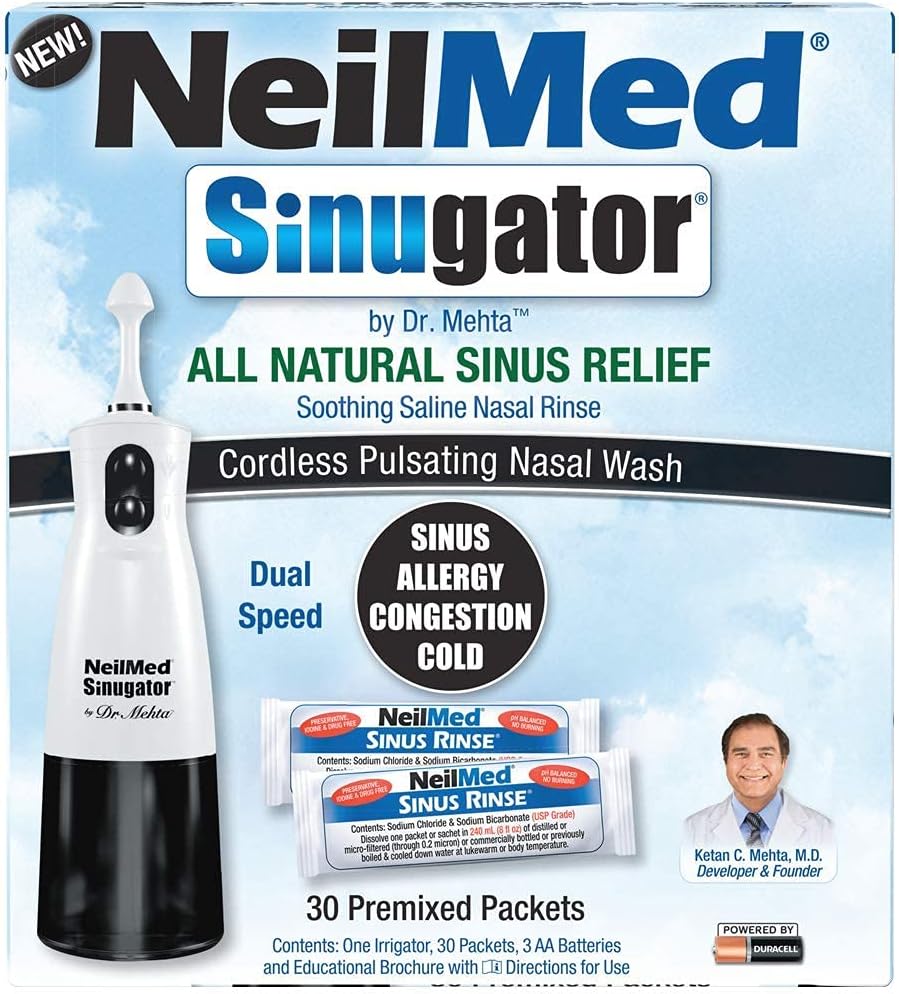 NeilMed Sinugator Cordless Pulsating Nasal Irrigator (Dual Speed) with 30 Premixed Packets and 3 AA Batteries - Black (Pack of 1)