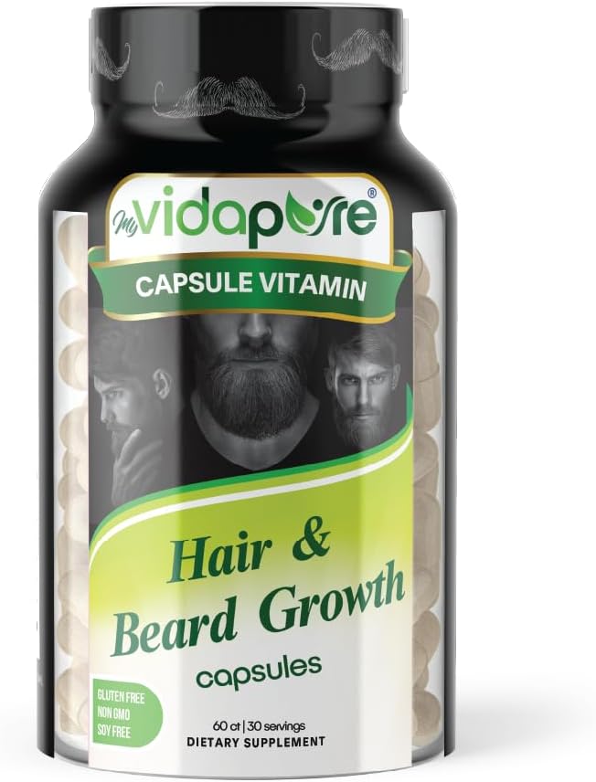 MYVIDAPURE Croissance de la barbe + Hommes Skin & Nails – 5 000 mcg Biotine – Vitamine C, D & B-Complex – Capsules collagènes hydrolysées – Non-OGM – Sans gluten