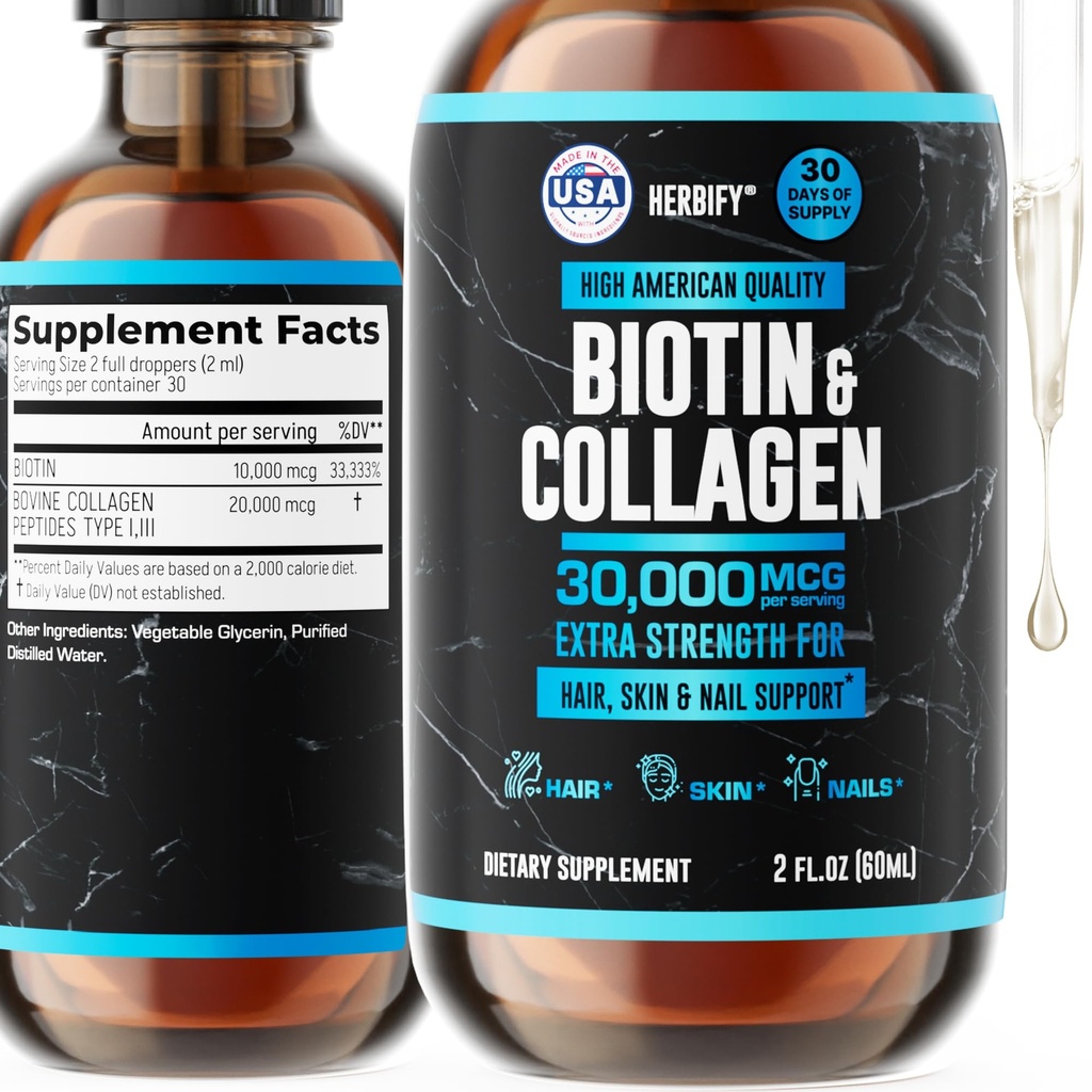 HERBIFY Collagène et Biotine gouttes liquides - Supplément d'absorption plus rapide pour la croissance des cheveux et les ongles plus forts - Peau de cheveux et les ongles vitamines pour les femmes et les hommes - Supplément B7 - Fabriqué aux États-Unis