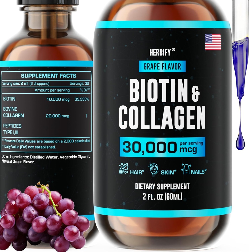 HERBIFY Collagène et Biotine gouttes liquides - Supplément d'absorption plus rapide pour la croissance des cheveux et les ongles plus forts - Peau de cheveux et les ongles vitamines pour les femmes et les hommes - Supplément B7 - Fabriqué aux États-Unis