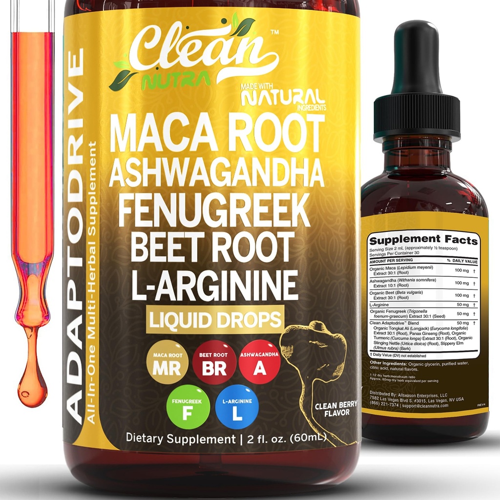 Nettoyer les gouttes liquides de la racine de la maca biologique avec Ashwagandha, Fenugreek, racine de betterave et L-Arginine Multivitamine liquide pour les femmes et les hommes - Adapto Drive