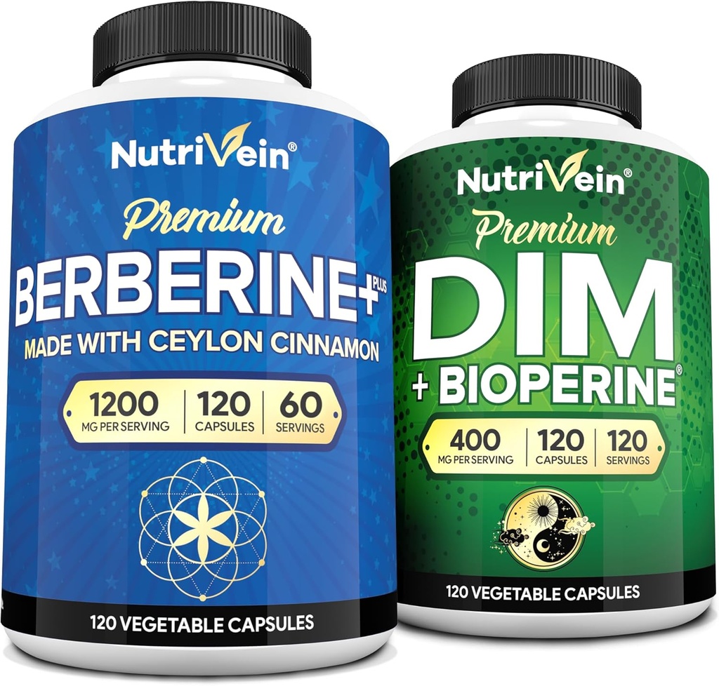 Nutrivein Premium DIM & Berberine Supplement Bundle: Supplément à haute absorption Berberine & DIM avec Bioperine - pour l'équilibre hormonal, la régularité digestive, le métabolisme et le bien-être général