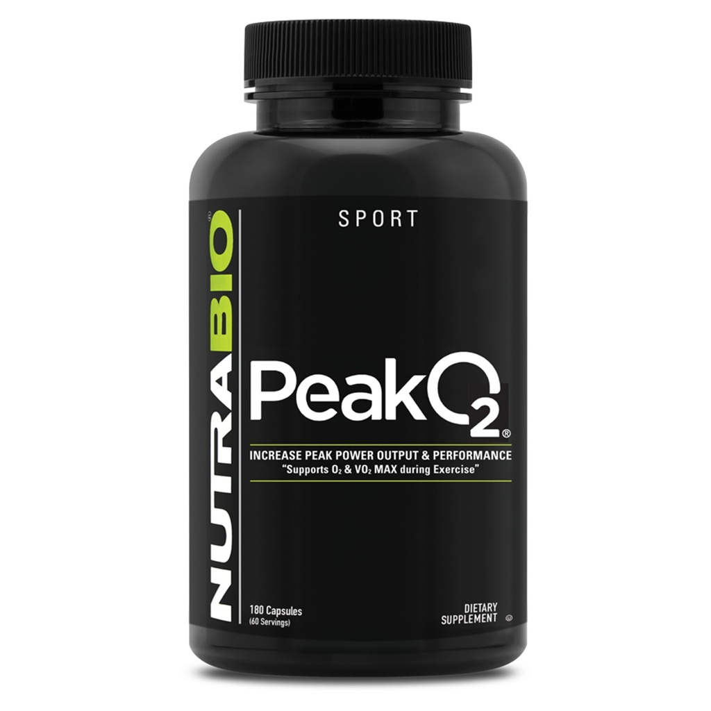 NutraBio PeakO2 Workout Supplement, 180 Capsules - Mushroom Blend Supplement to Help Enhance Athletic Performance and Overall Health, 60 Servings