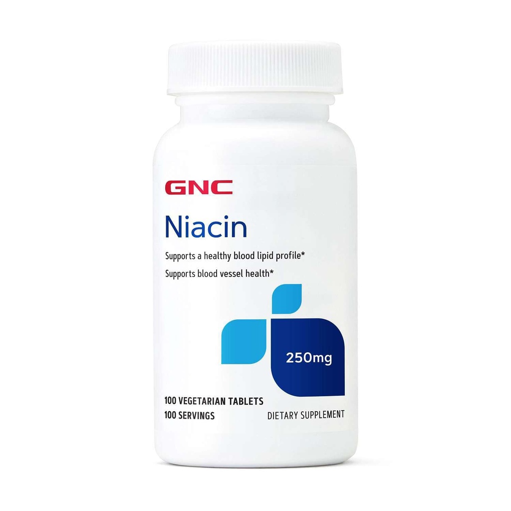 GNC Niacin 250mg, soutient la santé des vaisseaux sanguins, 100 comprimés végétariens