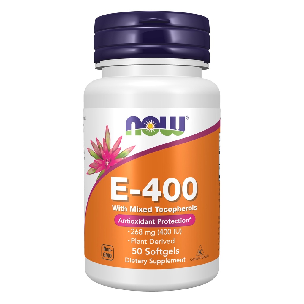MAINTENANT compléments alimentaires, vitamine E-400 UI tocophérols mélangés, protection antioxydante*, 50 softgels