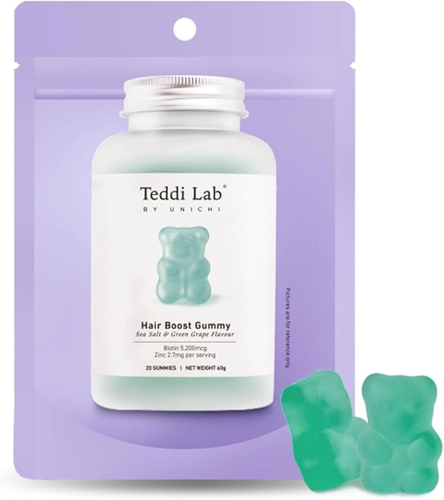 Gommies de croissance des cheveux Unichi, 5200mcg Biotine formulé avec du zinc, de l'acide pantothénique et de la vitamine A, C, E pour les cheveux plus forts et plus épais pour les femmes, (20compte)