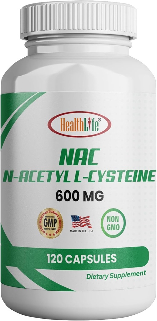 HealthLife N-acétyl L-Cysteine (NAC) 600 mg, 120 capsules - non-OGM, sans gluten, 120 portions