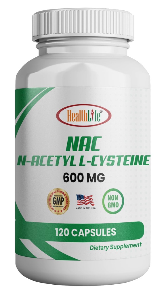 HealthLife N-acétyl L-Cysteine (NAC) 600 mg, 120 capsules - non-OGM, sans gluten, 120 portions