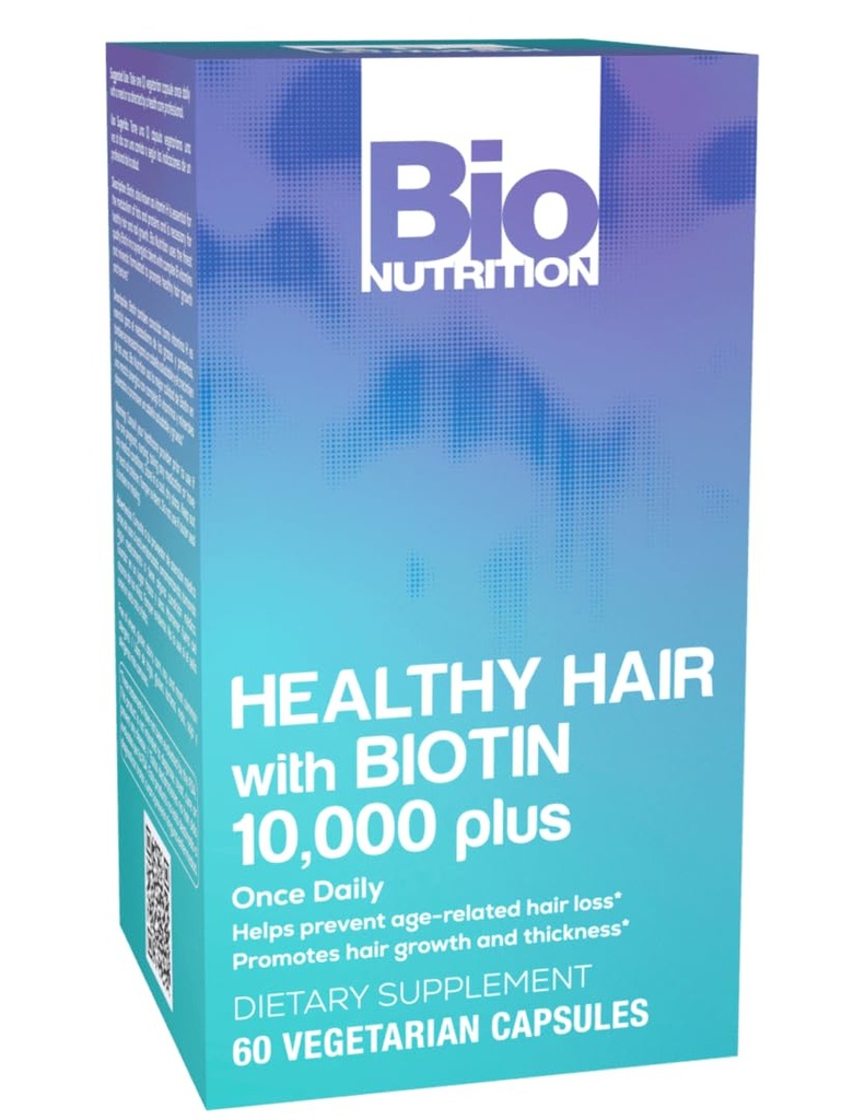 Bio Nutrition Healthy Hair Support with Biotin 60 Capsules Végétariennes , cheveux plus forts , cheveux plus épais , favorise la croissance et l'épaisseur des cheveux , mélange avec les vitamines et minéraux complexes B