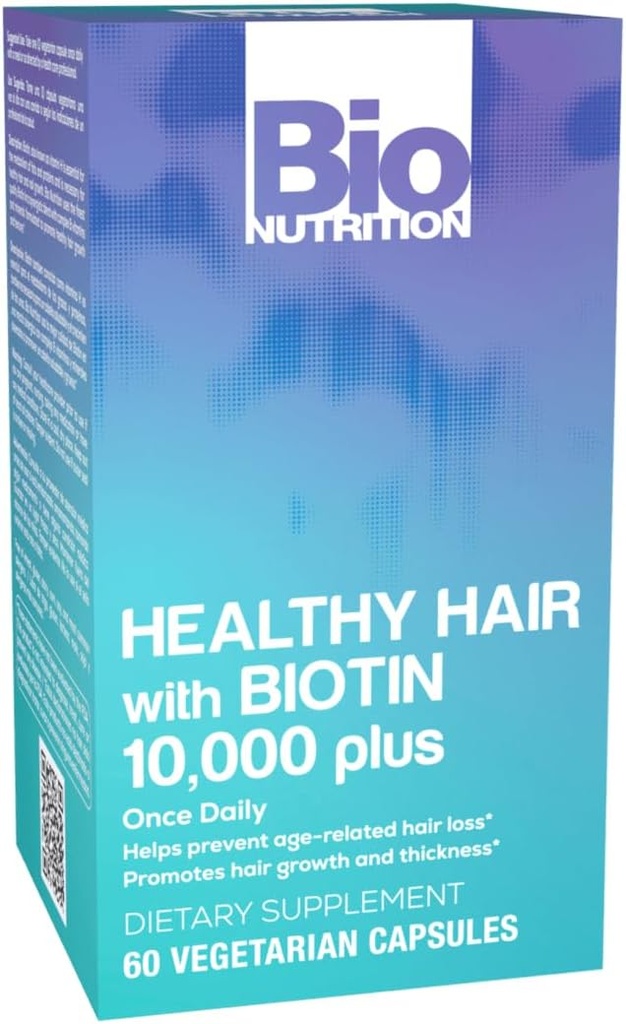 Bio Nutrition Healthy Hair Support with Biotin 60 Capsules Végétariennes , cheveux plus forts , cheveux plus épais , favorise la croissance et l'épaisseur des cheveux , mélange avec les vitamines et minéraux complexes B