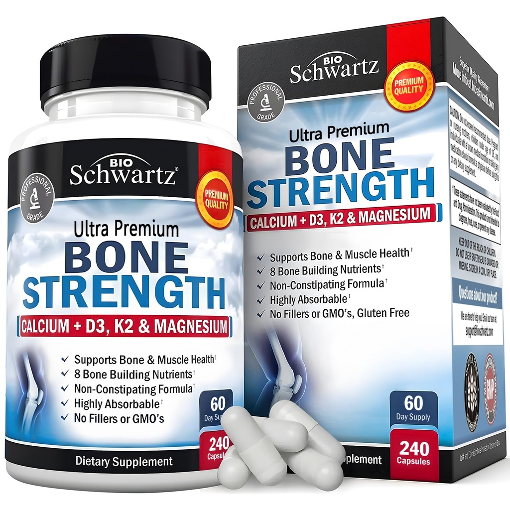 BioSchwartz Bone Strength Supplement - Supplément de santé aux os doux non constipant pour les femmes et les hommes avec complexe 9-en-1 avec zinc de magnésium de calcium D3 K2 et plus - 3ème partie testée - 2 mois