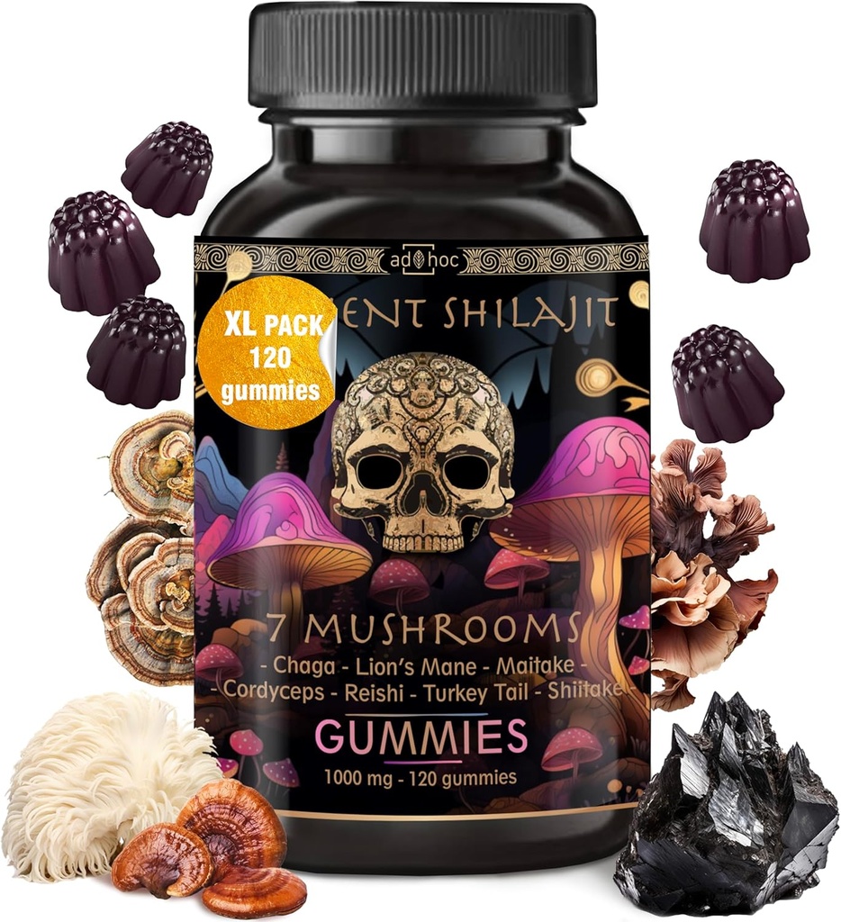 ad hoc Shilajit Pure Himalayan Organic Gummies - Immune Support, Suppléments de soutien énergétique - Shilajit Resin Lions Mane, Cordyceps, Reishi, Turquie Tail, Chaga, Shiitake Mushroom Gummies (120 Ct)