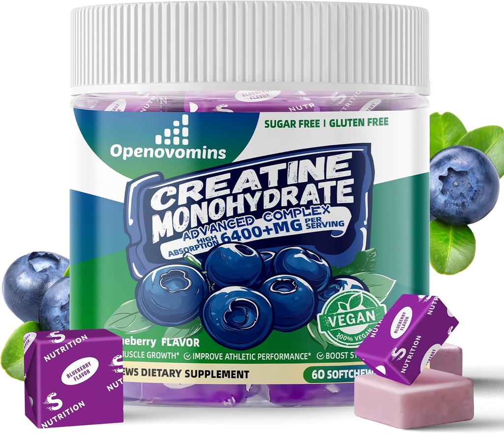 Creatine Monohydrate Soft Chews Complex 6400mg pour les hommes et les femmes -Advanced Formula W/L-Taurine + Vitamine B12, supplément sans sucre à croquer,60 Blueberry Softchews