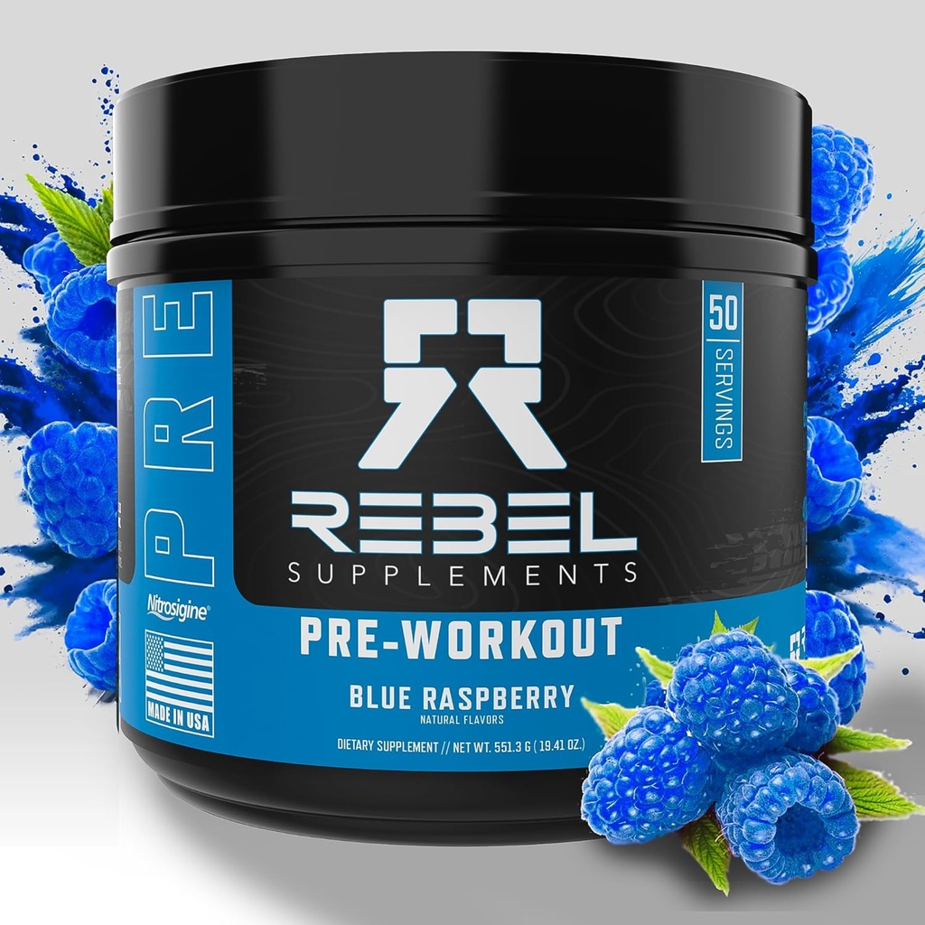 Suppléments RebelTM Blue Razz Loaded Pre Workout (pré-entraînement) Extrêmes Pompes, Laser Focus, Insane Energy (énergie) 7000mg L-Citrulline, 4000mg Beta Alanine, 1500mg Nitrosigine®, 350mg Caféine (50 portions)