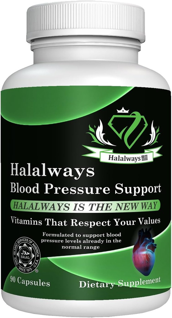 Halalways Blood Pressure Support Supplément halal certifié naturellement BP Support avec poudre d'ail, berry d'épine, feuille de thé vert et vitamines d'hibiscus pour une hypertension saine (BP)